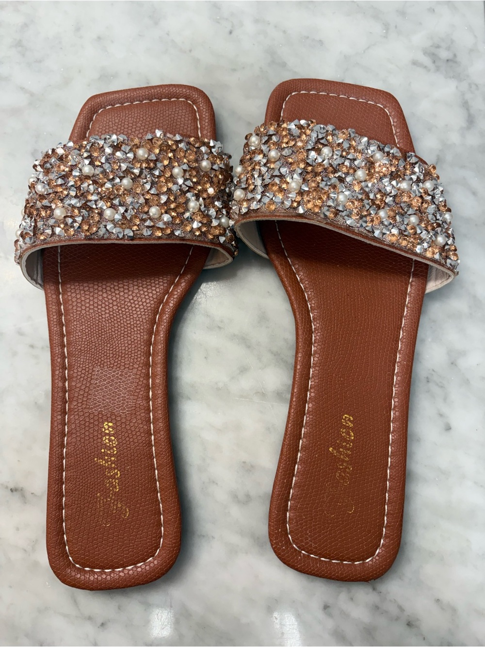 Beaded Brown Slide Sandals with Crystal Accents